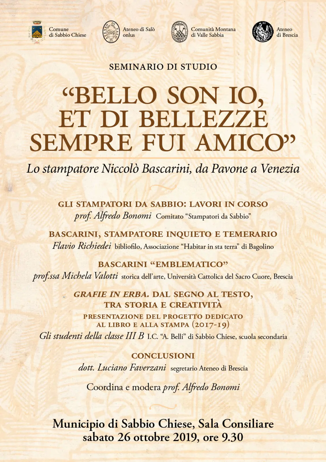 Locandina seminario di studio “Bello son io, et di bellezze sempre fui amico” - Museo Stampatori «da Sabbio»