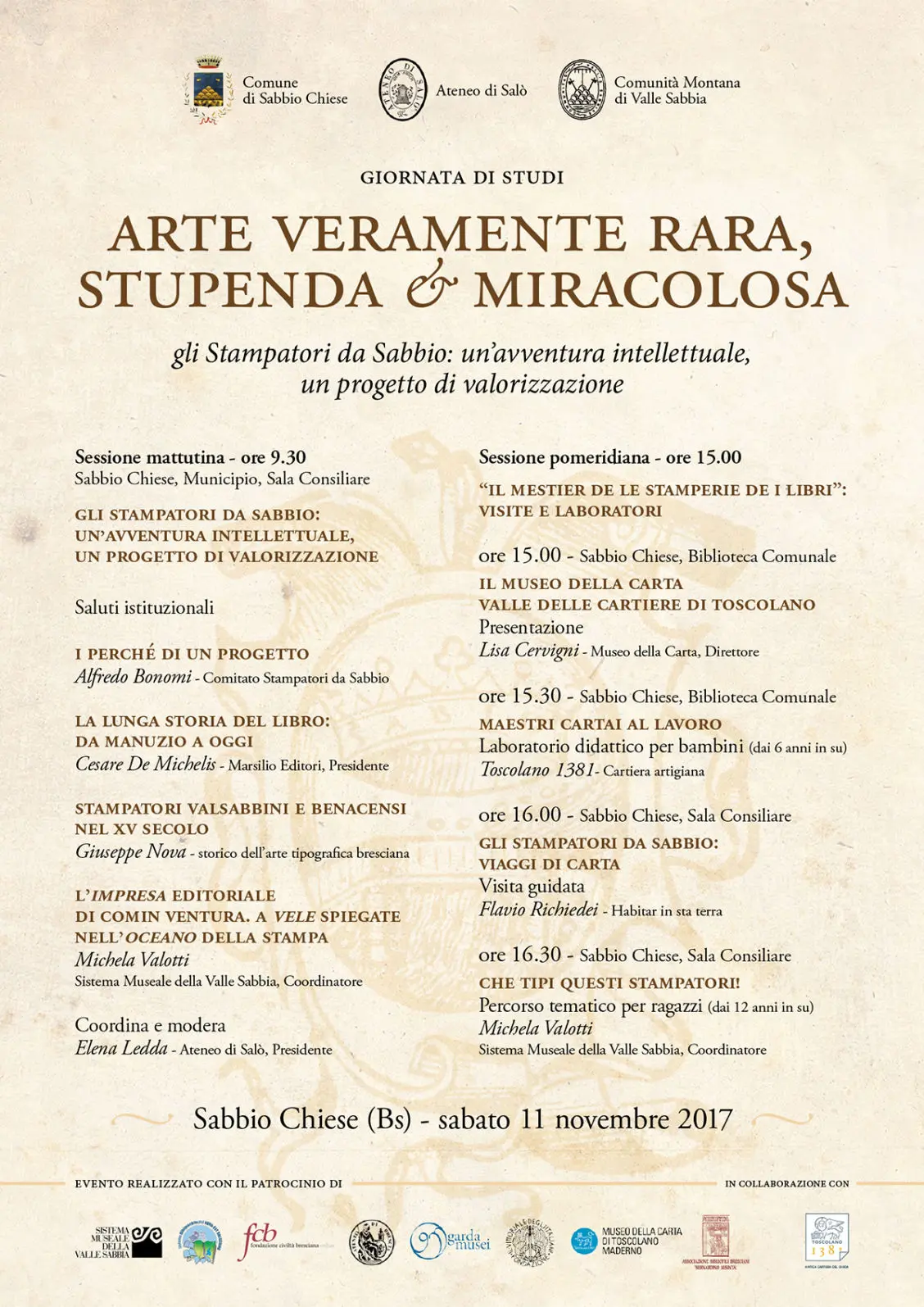 Locandina giornata di studi ”Arte veramente rara, stupenda & miracolosa” - Museo Stampatori «da Sabbio»